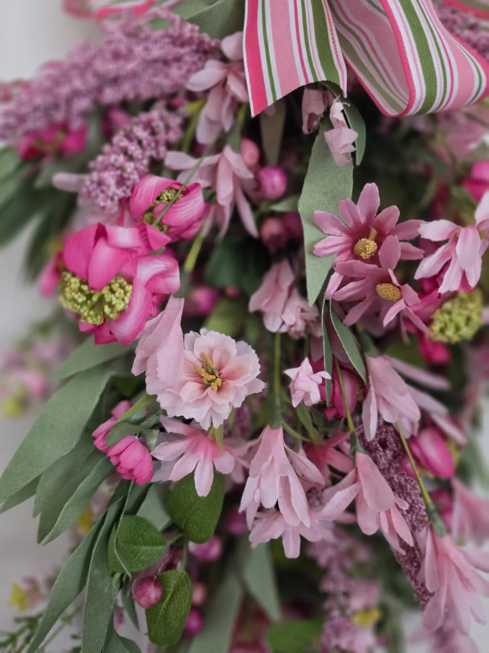 Pink Floral Hanging Swag with Striped Bow